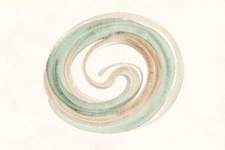 Watercolour illustration of a slow unwinding spiral in sage and clay