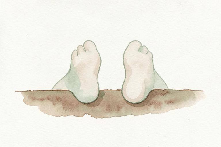 Watercolour illustration of two feet resting on an earthy band