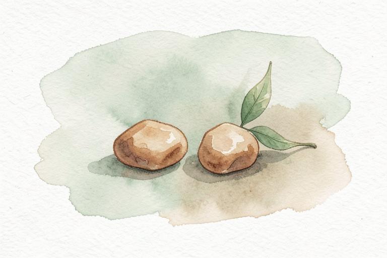 Watercolour illustration of warm stones and a sprig of leaves