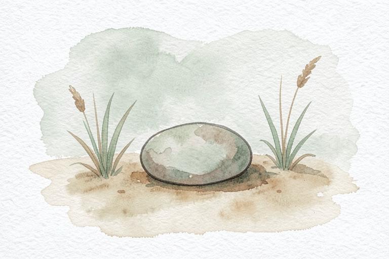 Watercolour illustration of a smooth stone resting among soft grasses