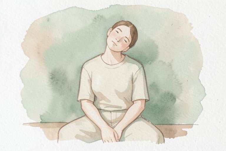 Watercolour illustration of a seated person tilting their head to release the shoulders