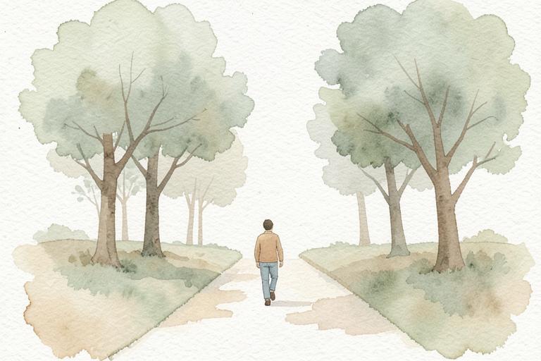 Watercolour illustration of a person walking a quiet tree-lined path