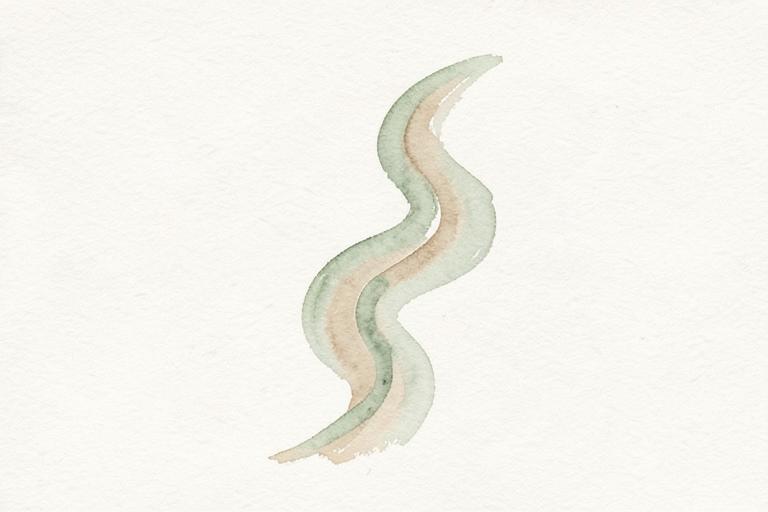 Watercolour illustration of a flowing wave-like curve in sage and clay