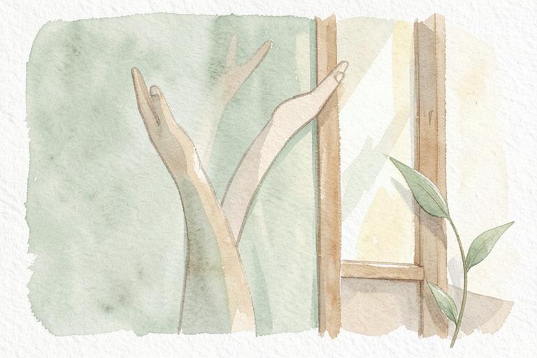 Watercolour illustration of arms reaching upward beside a sunlit window