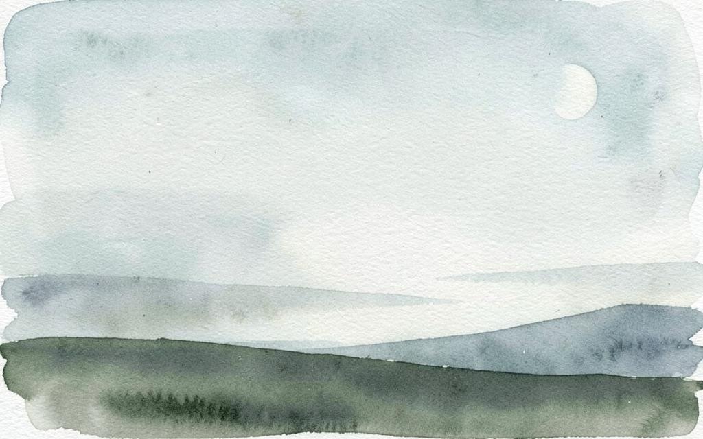 Watercolour horizon in dusky sage and pale blue with a faint moon