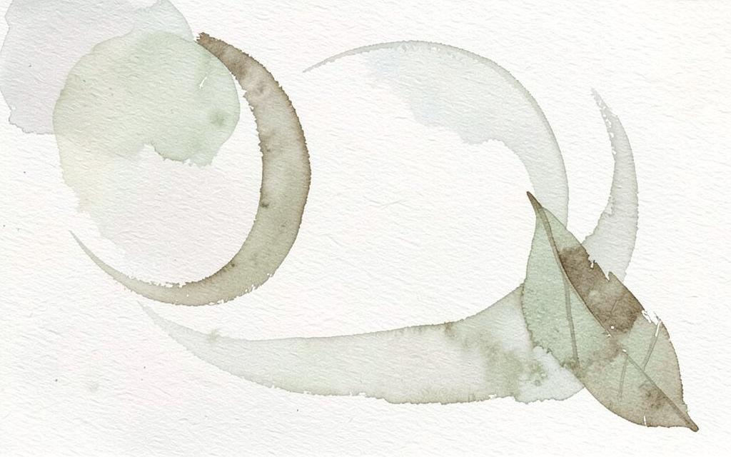 Loose watercolour arcs in clay and sage with a single leaf